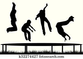 enfants, silhouettes, sauter, sur, jardin, trampoline