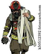 feuerwehrmann, mit, feuerschlauch feuerwehrmann, mit, feuerschlauch