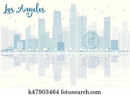 Outline Los Angeles skyline with blue buildings and reflections. Outline Los Angeles skyline with blue buildings and reflections.