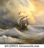 antiga, recipiente velejando, em, mar tempestuoso