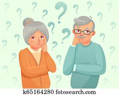 Thinking seniors couple. Confused elderly people. Grandfather, grandmother forget and trying remember cartoon vector illustration
