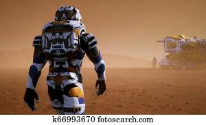 Astronaut walks on the surface of Mars to the Rover, through a dust storm. Panoramic landscape on the surface of Mars. 3D Rendering