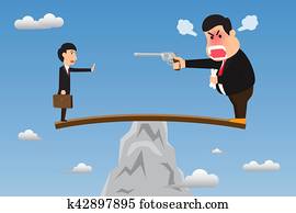 Boss stand on wood overhanging from escarpment cliff with angry using gun intimidate his employee. Vector cartoon illustration on foolish action to self-sabotage concept. Boss stand on wood overhanging from escarpment cliff with angry using gun intimidate his employee. Vector cartoon illustration on foolish action to self-sabotage concept.
