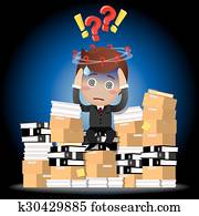 Confused businessman sitting on pile of documents