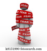 Scared Afraid Man Wrapped in Red Fear Tape Scared Afraid Man Wrapped in Red Fear Tape