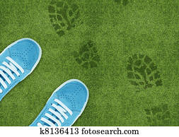 Shoe print on green grassland Shoe print on green grassland