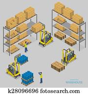 armazém, carregando, isometric, vetorial, illustration.
