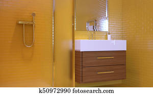 Beeld klein glas douche in hoek van hippe badkamer
