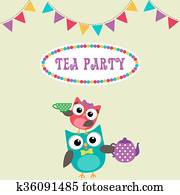 partido té, invitación, con, lindo, búhos