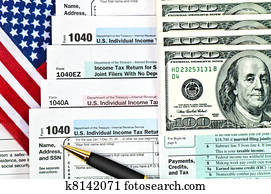 steuerformulare, mit, stift, geld, und, usa., flag.