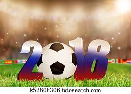 2018, pelota del fútbol, en, campo, vestido, en, bandera rusa, colores