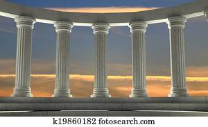 Ancient marble pillars in elliptical arrangement with orange sky Ancient marble pillars in elliptical arrangement with orange sky