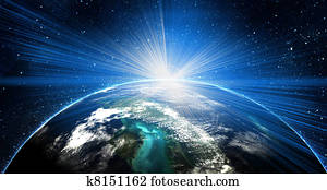 blue earth in space with rising sun blue earth in space with rising sun