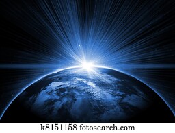 blue earth in space with rising sun blue earth in space with rising sun