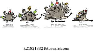 morsom, pinnsvin, familie, skisse, for, deres, design