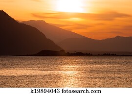 nebuloso, chilkat, entrada, pôr do sol