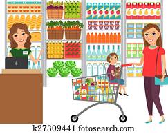 shopping kvinde, ind, købmandsforretning butik