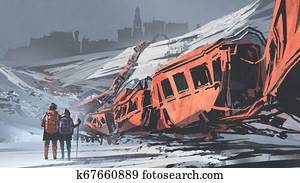 two hikers walking through a train wrecked two hikers walking through a train wrecked