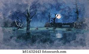 Creepy dead trees on night swamp watercolor sketch Creepy dead trees on night swamp watercolor sketch