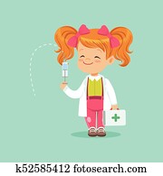 Cheerful baby girl in white coat and stethoscope around ...