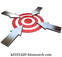 Four Competing Arrows Point at Bulls-Eye Target Four Competing Arrows Point at Bulls-Eye Target