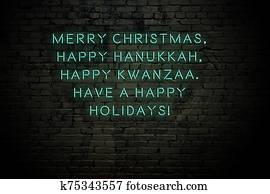 Neon inscription of christmas and new year greetings on brick wall Neon inscription of christmas and new year greetings on brick wall
