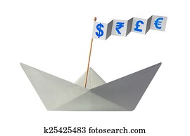 Origami paper boat with flag writing different currency signs Origami paper boat with flag writing different currency signs
