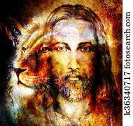painting of Jesus with a lion, on beautiful colorful background with hint of space feeling, lion profile portrait. painting of Jesus with a lion, on beautiful colorful background with hint of space feeling, lion profile portrait.