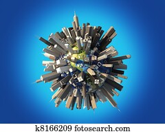 Planet earth totally invased and covered by huge skyscrapers and buildings. On blue background. 3D renedring, with clipping path included.