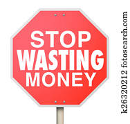 stopp, verschwendenden geld, wörter, rot, warnzeichen, overbudget, ausgabe