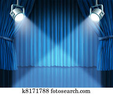 holofotes, ligado, azul, veludo, cinema, cortinas