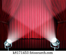 holofotes, ligado, vermelho, veludo, cinema, cortinas