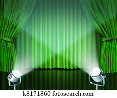 proyectores, en, verde, terciopelo, cine, cortinas