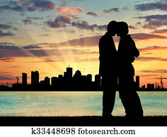 silueta, feliz, alegre, beso