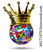 World leader with global flags and gold crown