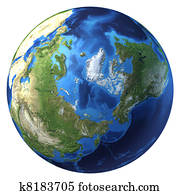 Earth globe, realistic 3 D rendering. Arctic view (North pole). Earth globe, realistic 3 D rendering. Arctic view (North pole).