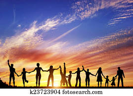 glad, gruppe, av, diverse, folk, venner, familie, lag, sammen, hånd i hånd