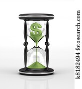 Hour glass and green falling sand with the shape of the U.S. Dollar.