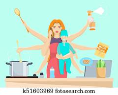 ocupado, multitasking, mulher, e, mãe, com, bebê, vetorial, apartamento, ilustração