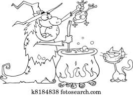 Outlined Crazy Witch With Black Cat Outlined Crazy Witch With Black Cat