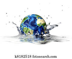 Planet Earth, falling into clear water, forming a crown splash. With depth of field. 3 D digital rendering on white background. Planet Earth, falling into clear water, forming a crown splash. With depth of field. 3 D digital rendering on white background.