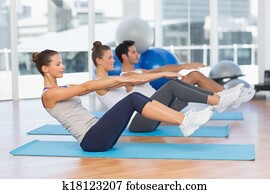 classe, esticar, ligado, tapetes, em, classe ioga