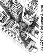 draufsicht, von, a, stadt, wolkenkratzer, zeichnung, luftaufnahme, skizze