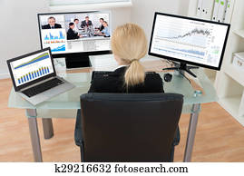 geschäftsfrau, video conferencing, auf, edv