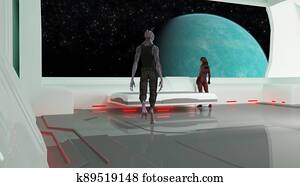 Illustration of a woman looking out a window at a blue planet in space with an alien walking toward her.