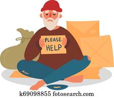 Old homeless beggar is asking for help in the city Old homeless beggar is asking for help in the city