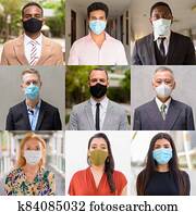 Group of mixed people with mask for protection from corona virus outbreak in different locations as Covid-19 concept