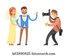 par bueno, boda, novia, novio, fotografía, vector