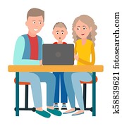 pais, e, filho, sentando, frente, laptop aberto