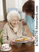Senior Woman Being Served Meal By Carer